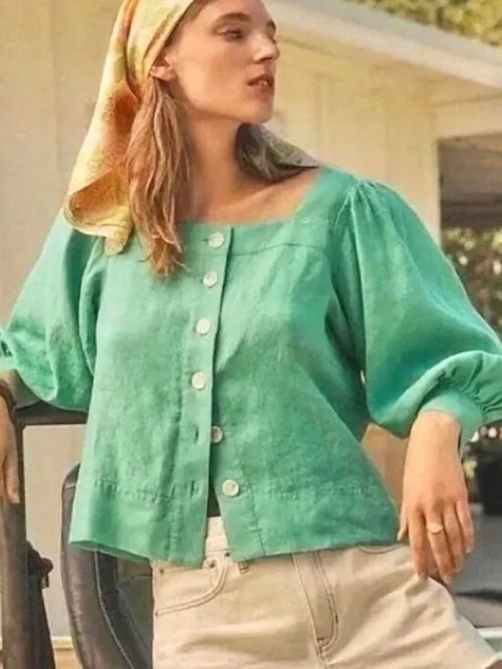 J.crew Squareneck Button-Front Linen Top Green Women's Medium